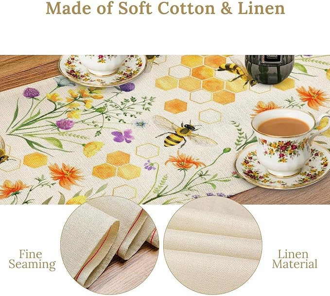 Summer Bee Table Runner, Seasonal Spring Wildflowers Bee Yellow Honeycombs Farmhouse Table Runner for Kitchen Dining Table Home Party Decor, 13x120inch