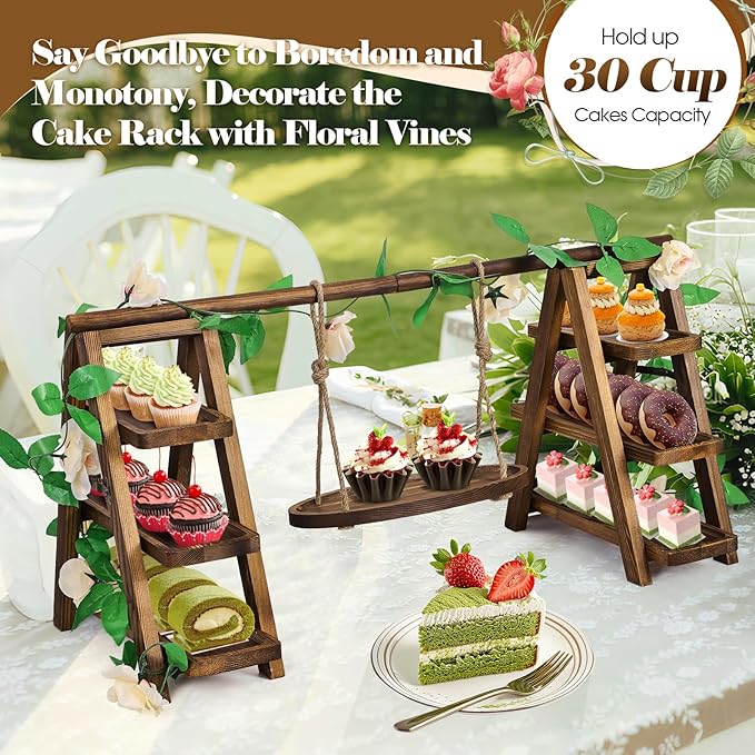 Cake Stand, 3-Tier Wooden Cupcake Display, Brown Foldable Design