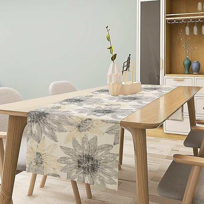 Chrysanthemum Vintage Floral Table Runner, Elegant Grunge Green Sunflower Spring Summer Elegant Pattern Artichokes Flower Table Runner for Party Kitchen Dining Living Room Decor, 13x60 Inch