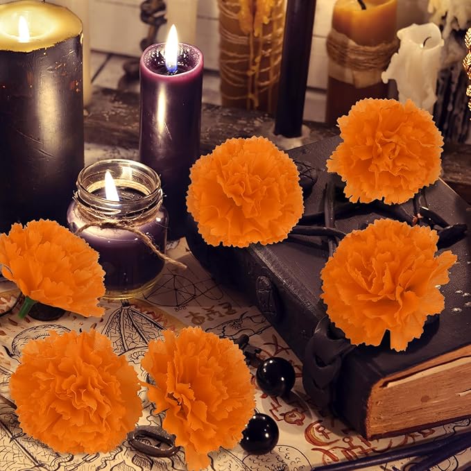 50 Pcs Artificial Marigold Flowers,2" Silk Marigold Flower Heads with Stems,Orange Flowers Artificial for Diwali Decor,Indian Wedding,Home,DIY Wreath Garland,Day of The Dead Decorations