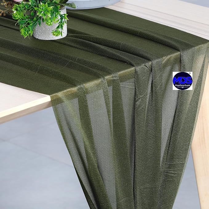 MDS Halloween Chiffon Table Runner - 25 Pack, 29 x 170 Inches, 14ft Each - Sheer Spooky Table Runners for Haunted House Parties, Trick-or-Treat Tables, Witchy Décor, Wedding & Events - Olive Green