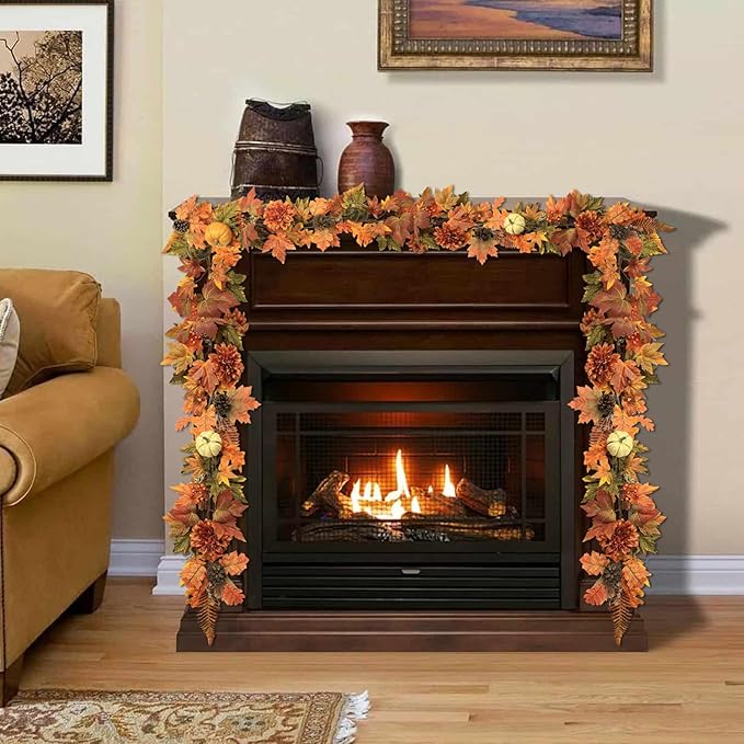 Fall Maple Leaves Garland, 6 Ft Hanging Vine with Pumpkins and Pine Cones