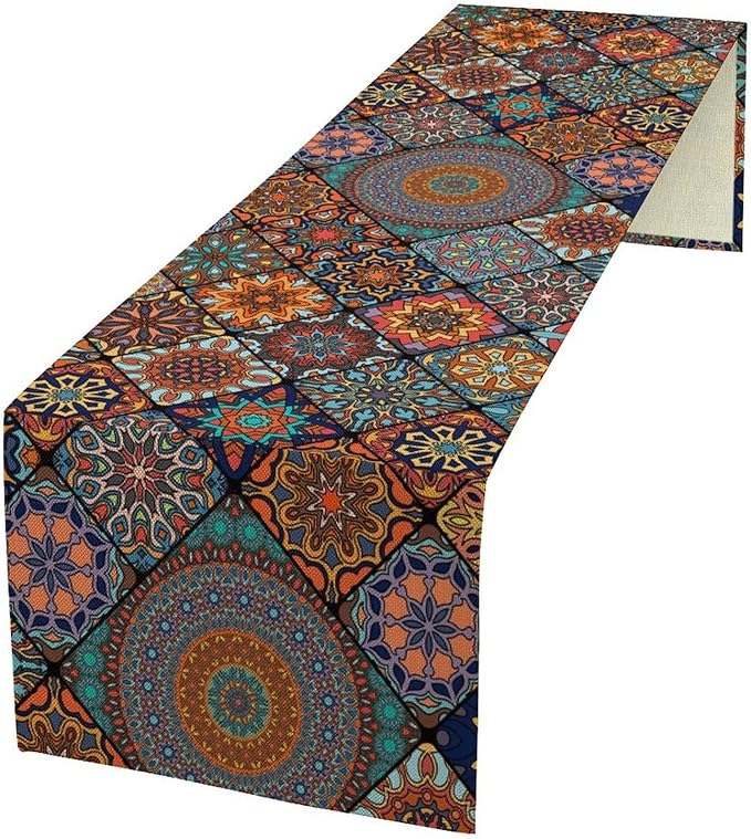 Bohemian Table Runner, Colorful Vintage Indian Mandala Floral Table Runners for Kitchen Dining Coffee Table Indoor Outdoor Party Decor, 13x70inch