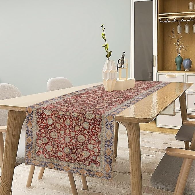 Boho Bohemia Style Table Runner, Vintage Red Blue Retro Flower Rustic Country Style Floral Print Pattern for Home Kitchen Table Decor Dining Coffee Room Garden Party Decor 13x60in