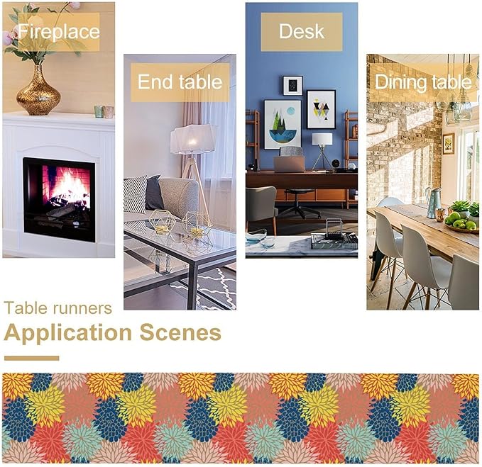 Dahlia Flowers Table Runner Colorful Floral Teal Grey Pink Yellow Blue Abstract Table Runner Kitchen Dining Party Decor Living Room, 13x70 Inch
