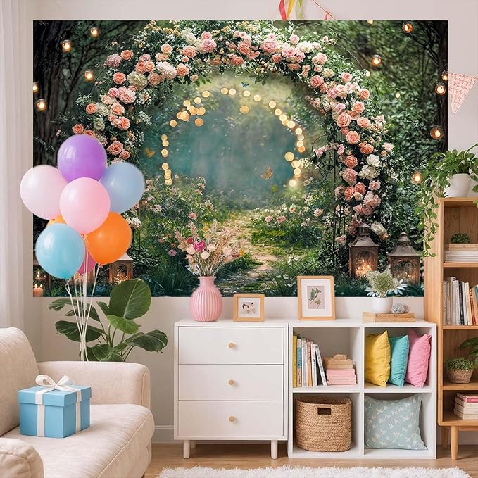 20x10ft Enchanted Forest Wedding Photography Backdrop Wonderland Roses Fairy Tale Backdrop Pink Flower Birthday Newborn Baby Shower Wedding Bridal Party Banner Photo Booth Props Anniversary Background