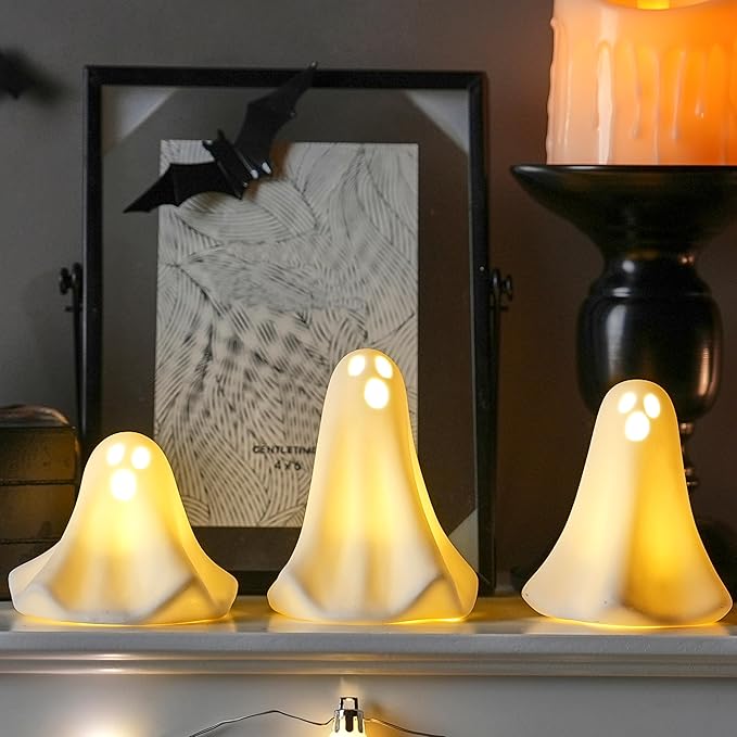 Ceramic Ghost Decor, 3Pcs Light Up Ghosts for Indoor Halloween Decorations, Battery Powered White Mini Ghost Figurines with LED for Spooky Halloween, Home Tabletop Shelf Centerpieces