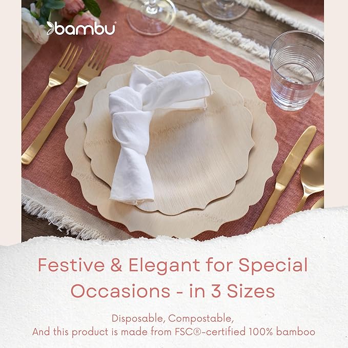 Disposable Bamboo Plates, 9-Inch Scalloped, 100 Count, Brown