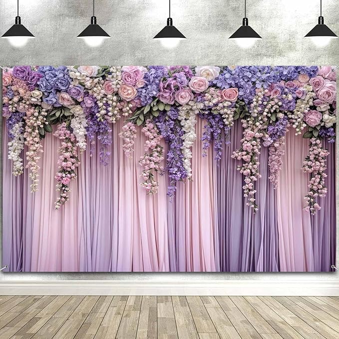 6x4ft Purple Flower Wedding Photography Backdrop Lavender Floral Wedding Bridal Photography Backdrop Anniversary Birthday Baby Shower Girl Party Banner Photo Booth Props Background Wall Decor