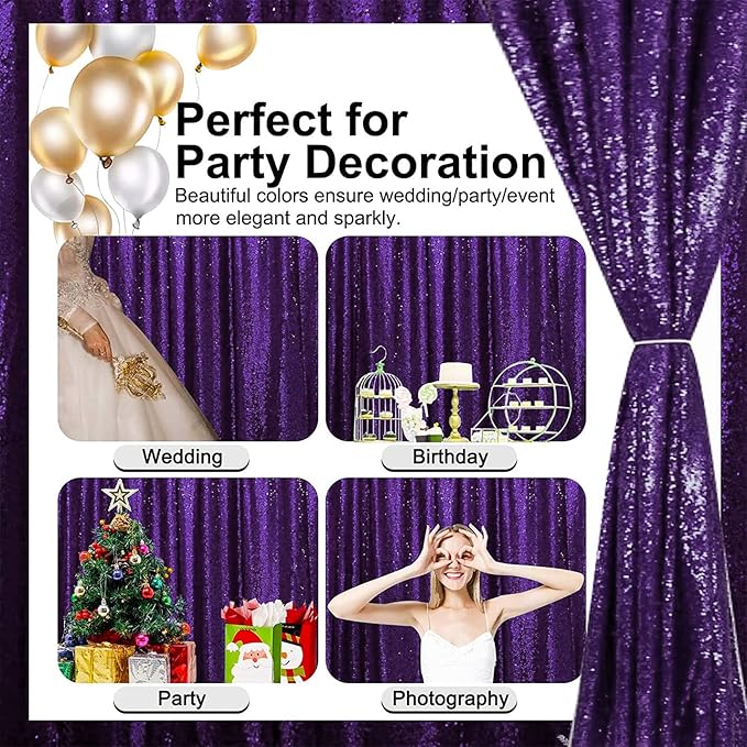 Purple Sequin Backdrop Curtain, 10 x 10 Ft Glitter Panel with Rod Pocket
