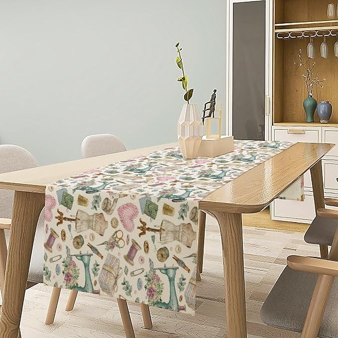 Sewing Theme Table Runner,Vintage Sewing Machine Tool Watercolor Pattern Print Tablecloth Burlap for Hotel Indoors Outdoor Dining Room Kitchen Home Decor,W13X L90 in