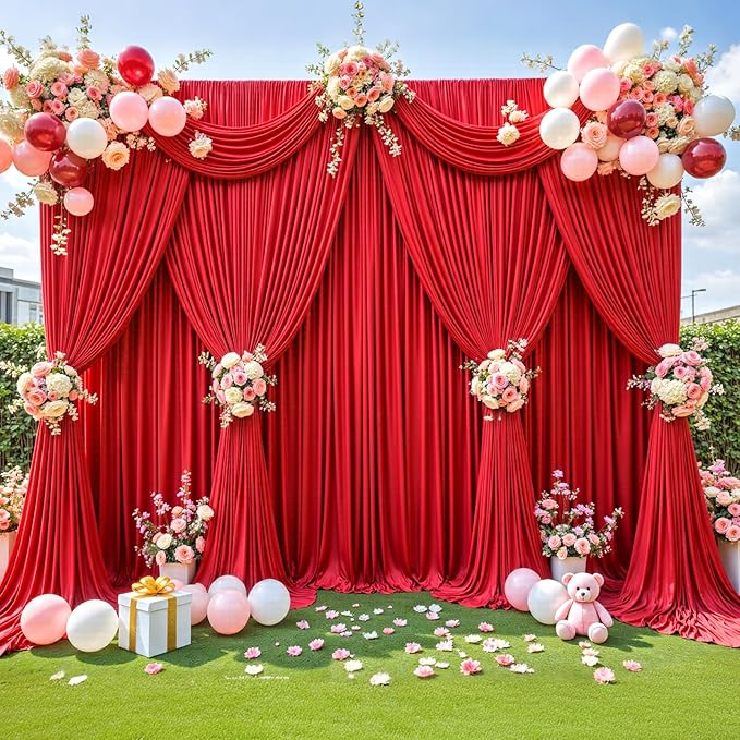 Red Backdrop Curtains, Wrinkle-Free Soft Fabric, Set of 10 Panels