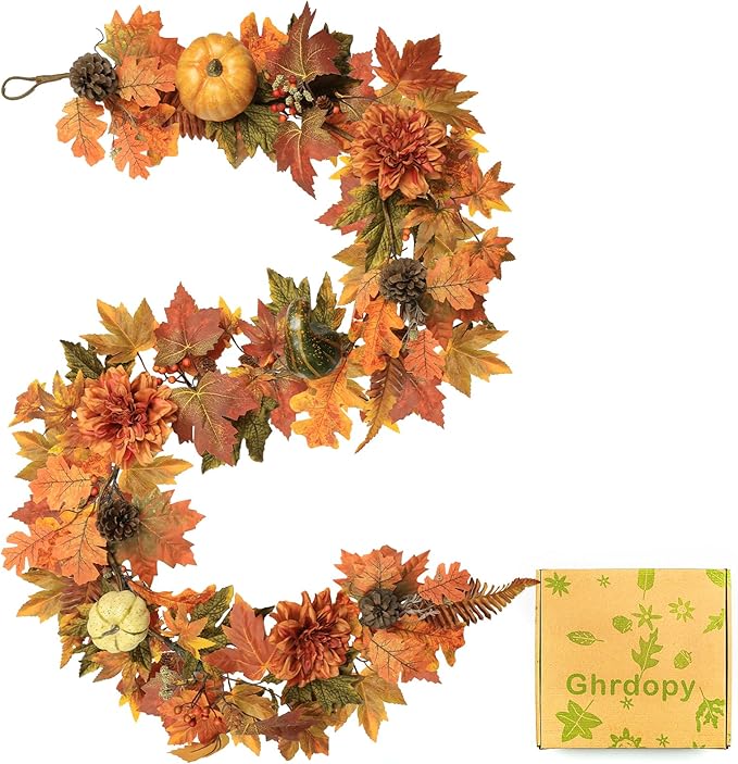 Fall Maple Leaves Garland, 6 Ft Hanging Vine with Pumpkins and Pine Cones