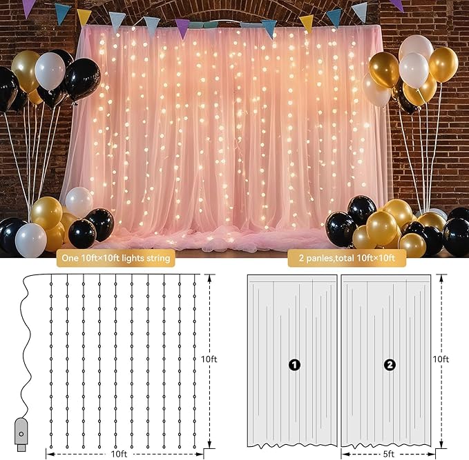 10×10ft Tulle Backdrop Curtains with Lights String - 300LED Fairy Lights Sheer Curtain Backdrop for Weddings Baby Shower and Birthday Party Decorations(6 Panels 5×10ft)