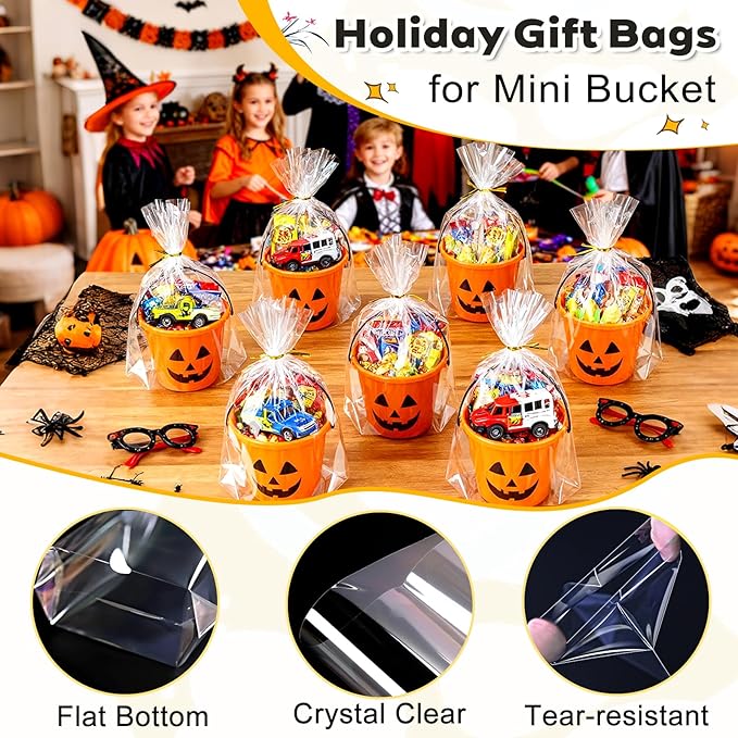 PigPotParty Cellophane Bags 8"x11", 100 Pack Clear Gift Bags, 3.15" Bottom Gusset for Stand-Up Display, Plastic Cellophane Gift Wrap, Ideal for Mugs, Goodies, Treats, Party Favors, Includes Gold Ties
