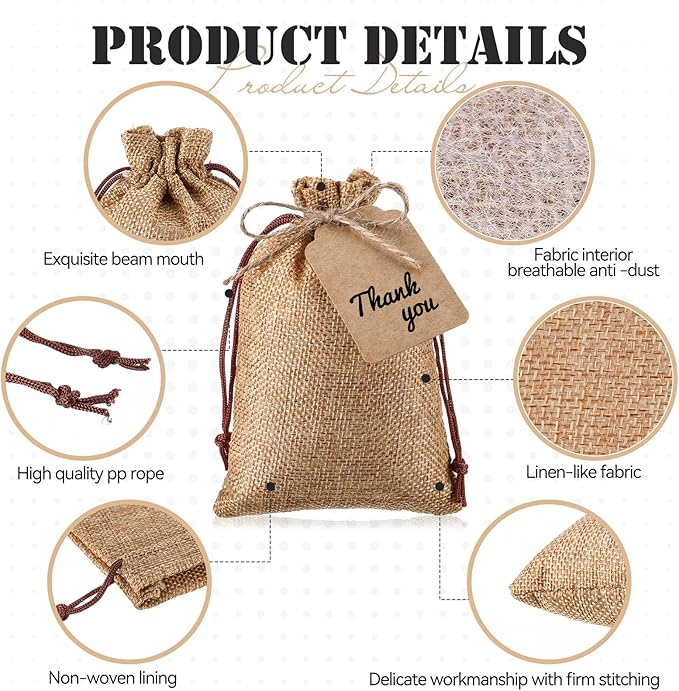 Gift Bags, 100 Burlap Drawstring Favor Bags with Kraft Tags and Hemp Rope