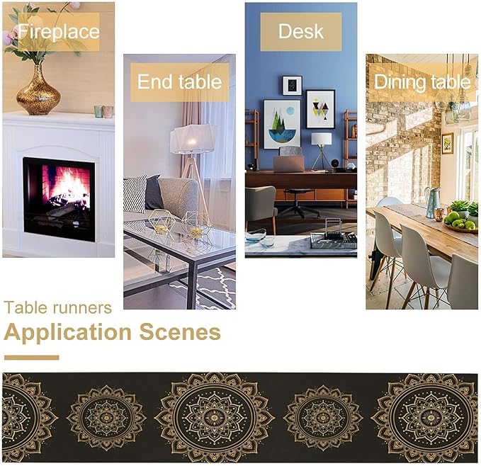 Golden Mandala Table Runner, Traditional Indian Gold Black Flower Vintage Luxury Bohemian Mandala Table Runner for Home Kitchen Dinning Table Indoor Outdoor Holiday, 13x90inch