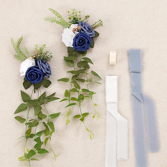 Artificial Rose Pew Flowers, Blue, Set of 10 with Chiffon Ribbon