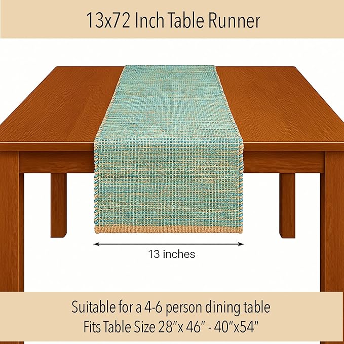 Chardin home Natural Jute Table Runner 13x72 Inch – Vintage Boho Rustic Table Decor – Handwoven Table Runner in Natural Jute and Aqua Turquoise – Farmhouse Dining or Console Table Accent