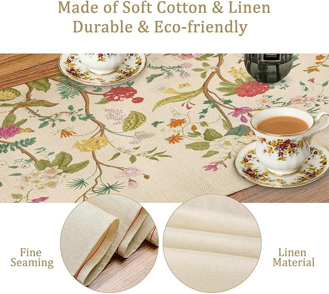 Floral Table Runner, Vintage Birds Wildflowers Herbs Nature Theme Linen Long Table Kitchen Dining Table Holiday Party Decorative Table Runner,13in（33cm） W * 90in（229cm） L