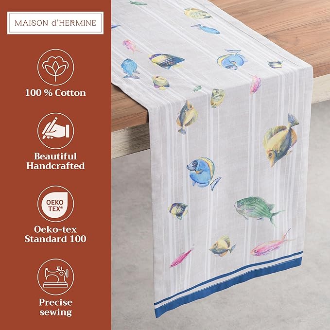 Maison d' Hermine Table Runner 100% Cotton Double Layer Table Runners 72 inches Long Decorative for Home Kitchen Dining Party Baby Shower Wedding Bridal Shower Spring Summer (Poisson, 14.50" x 72")