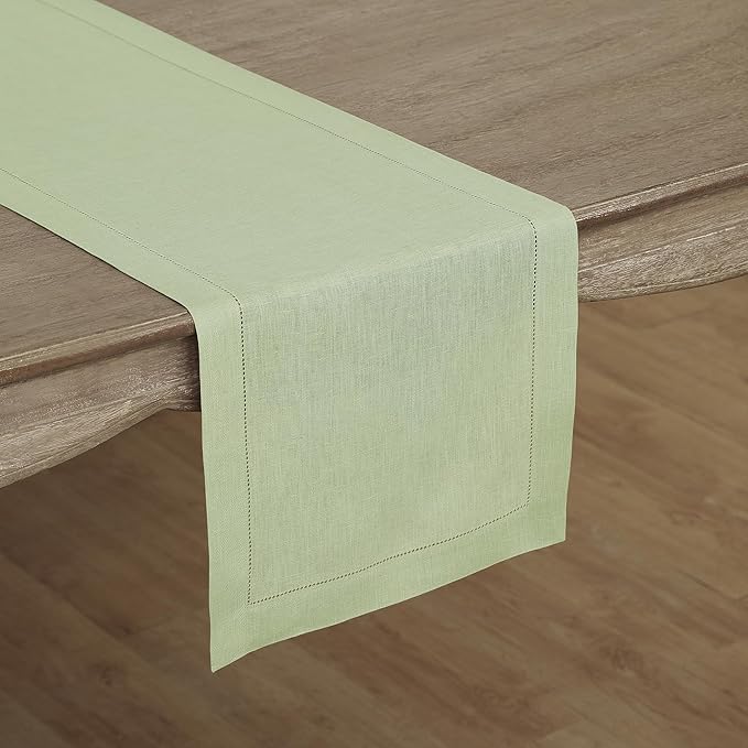 Solino Home Linen Sage Green Table Runner 132 Inches Long - 100% Pure Linen Extra Long Table Runner 14 x 132 Inch for Fall, Autumn, Thanksgiving, Christmas - Classic Hemstitch