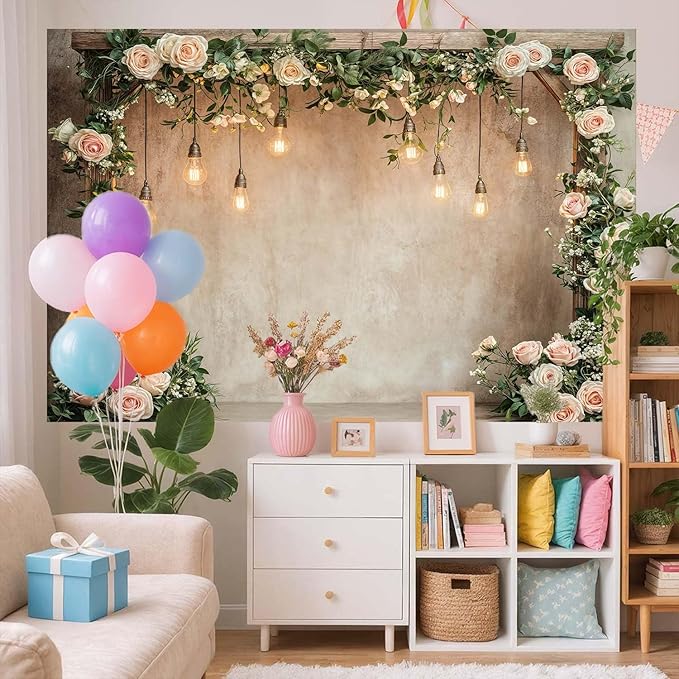 7x5ft Country Wedding Photography Backdrop Floral Rustic Roses Farmhouse Wooden Door Backdrop Pink Flower Birthday Baby Shower Wedding Bridal Party Banner Photo Booth Props Anniversary Background