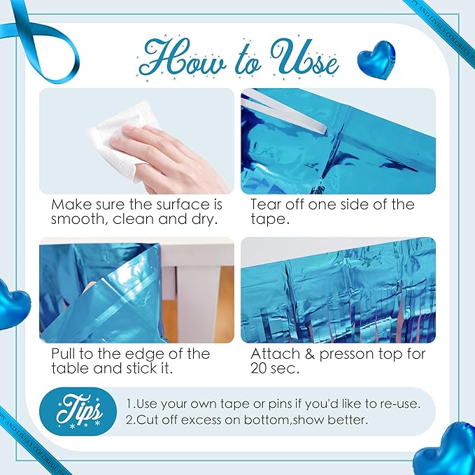 1 Pack Lake Blue Table Skirts, 29x108" Metallic Foil Tinsel Fringe Table Skirts for Rectangle Tables Streamer Curtains Backdrop, Party Decorations for Birthdays Weddings Holidays
