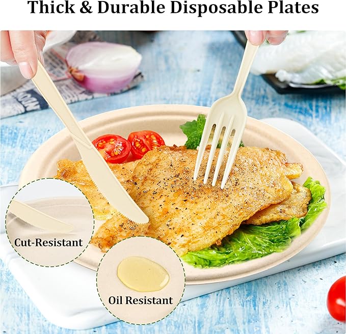 Disposable Plates Set for Parties, 250 Pieces, Compostable Sugarcane Fiber