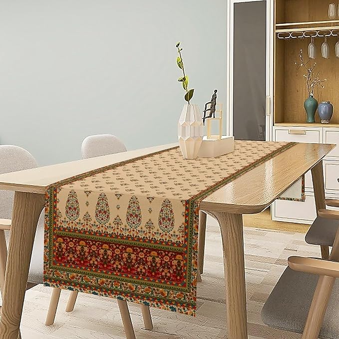 Boho Paisley Table Runner, Vintage Western Brown Dark Red Beige Flowers Leaves Print Table Runner for Kitchen Dining Table Wedding Holiday Party Decor, 13x60inch