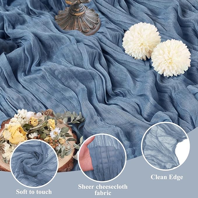 Asee'm 4pcs Cheesecloth Table Runner 120 Inches Long Dusty Blue Boho Gauze Cheese Cloth Runner 10FT Rustic Sheer Table Runners for Christmas Wedding Party Baby Shower Spring Easter Decoration