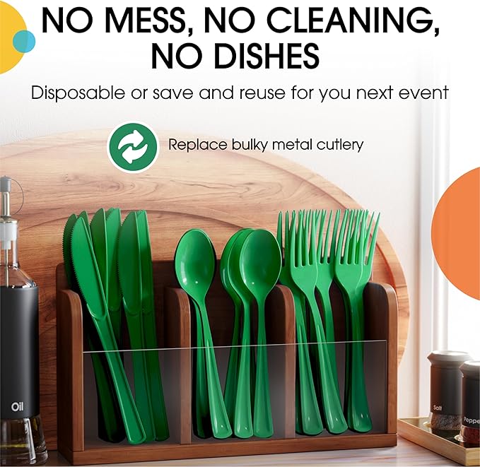 Disposable Plastic Cutlery Set, 300 Pieces, Emerald Green, 7.5 Inch