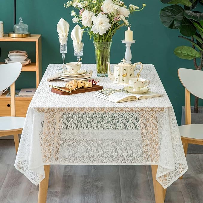 Lace Tablecloth Leaf Pattern Warp Knitting Fabric Solid White Rectangle/Oblong Table Cover for Kitchen Dining Farmhouse Wedding Party Decor Ivory, 52x70 Inch