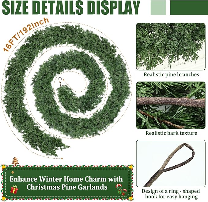 Garland - 16 Ft Green Real Touch Pine with 406 Sprigs