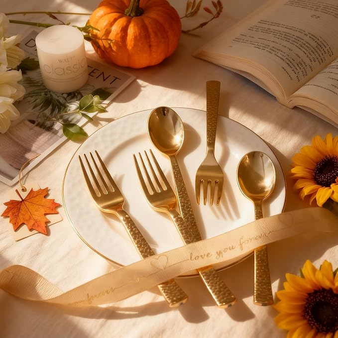 Spoons and Forks Set: 400 Piece Gold Hammered Plastic Cutlery