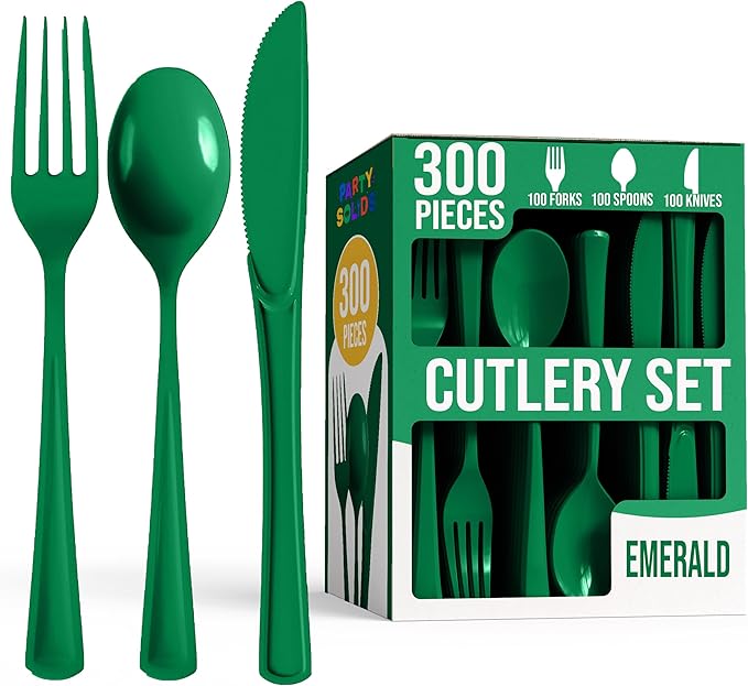 Disposable Plastic Cutlery Set, 300 Pieces, Emerald Green, 7.5 Inch