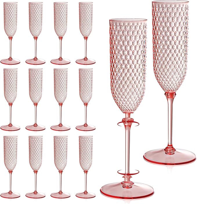 Pink Plastic Champagne Flutes, 24 Count, 5.5 oz Detachable Stemware