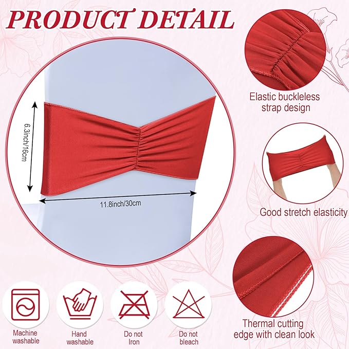 Moukeren 100 Pcs Spandex Chair Sashes Bows Bands Slider Sashes for Chair Covers Elastic Bands Ties Ribbon Decorations for Wedding Party Events Ceremony Birthday Banquet(Red)