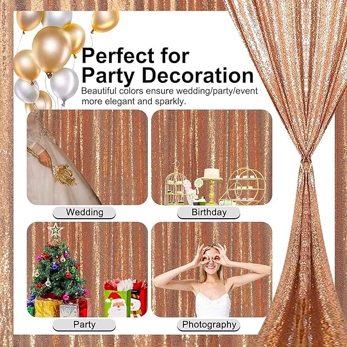 Rose Gold Sequin Photo Backdrop, 10 x 10 Ft Shimmer Curtain Panel