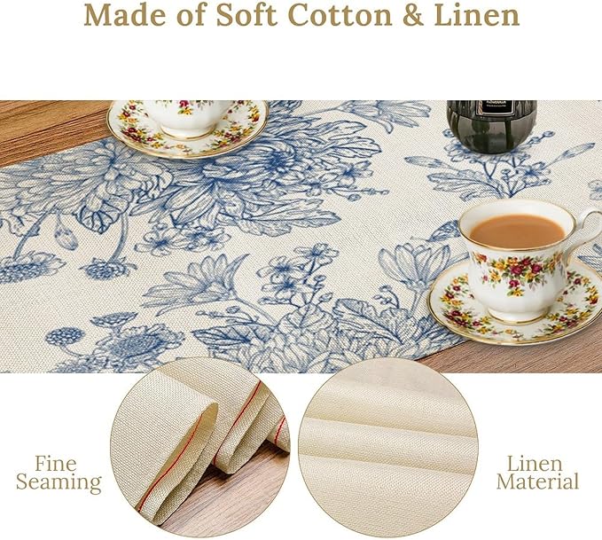 Chinoiserie Flower Table Runner, Seasonal Spring Fall Plants Blue Florals Dinner Runner for Home Kitchen Dining Table Party Holiday Decoration 13"x90"