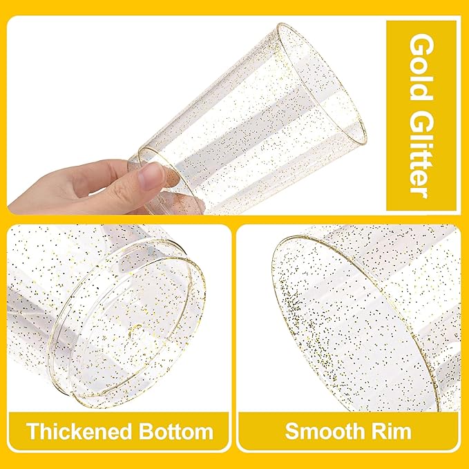 Disposable Cups, 12 oz Gold Glitter Plastic Party Tableware