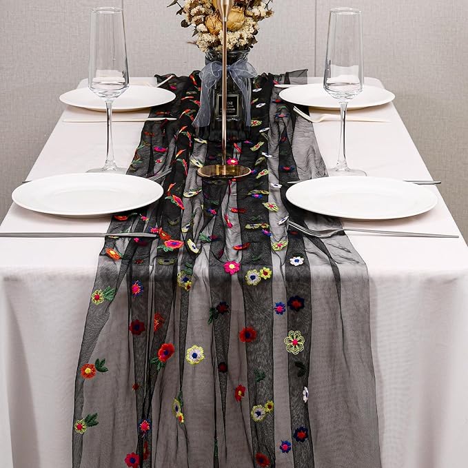 BINBE 1pcs Black Daisy Fall Table Runner Embroidery Gauze 10FT Florals Seasonal Tulle Holiday Birthday Kitchen Dining Table Decor for Home Party