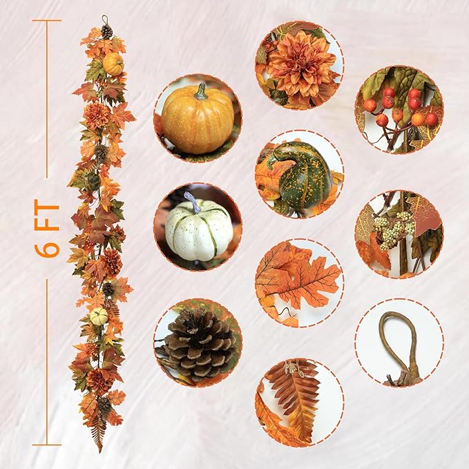 Fall Maple Leaves Garland, 6 Ft Hanging Vine with Pumpkins and Pine Cones