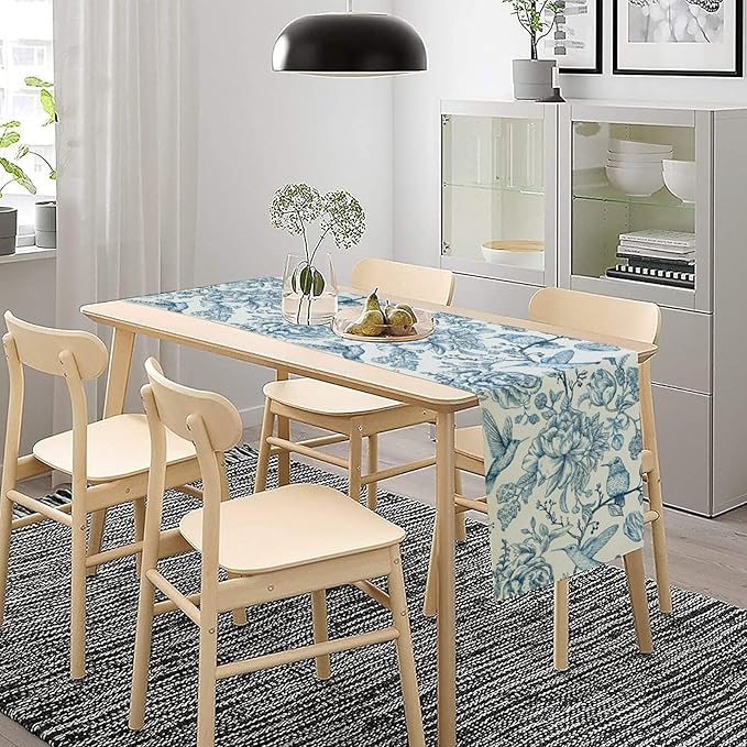 Blue White Table Runner Retro Monochrome Sketch Birds Flower Vintage Floral Kitchen Dining Table Decoration for Home Party Holiday 13"x90"
