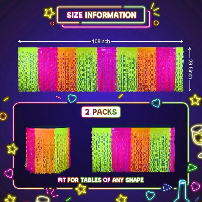 Mega-L Glow in The Dark Party Supplies, 2 Pack Neon Party Decorations Fluorescent Macaron Orange, Yellow and Fuchsia Wavy Metallic Tinsel Foil Fringe Table Skirts, Perfect Table Decors Glow Decors