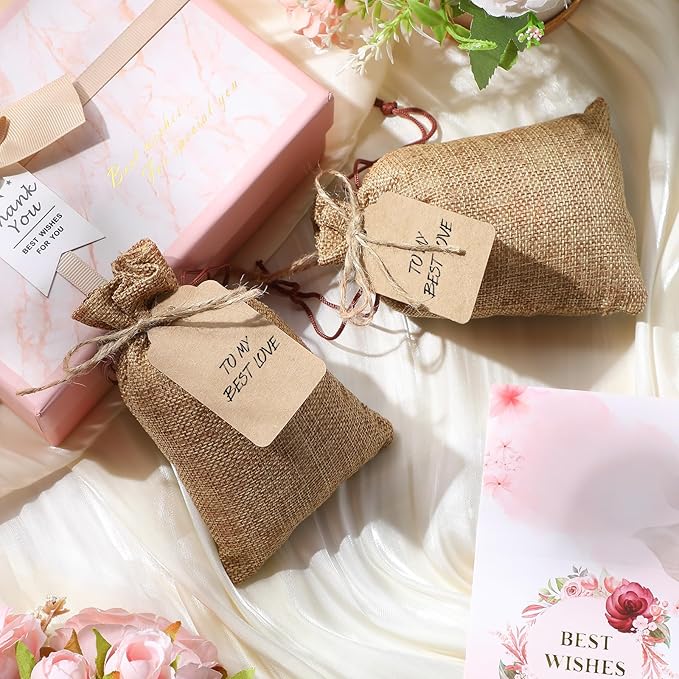 Burlap Gift Bags 100 Count, Dark Brown Drawstring Bags with Kraft Tags