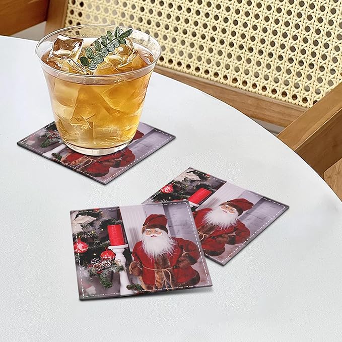 Custom Coasters Set of 6, Personalized Leather Coasters for Drinks with Holder, Customized Coasters Name, Photo, Logo for Coffee Table Bar Wine Cup Housewarming