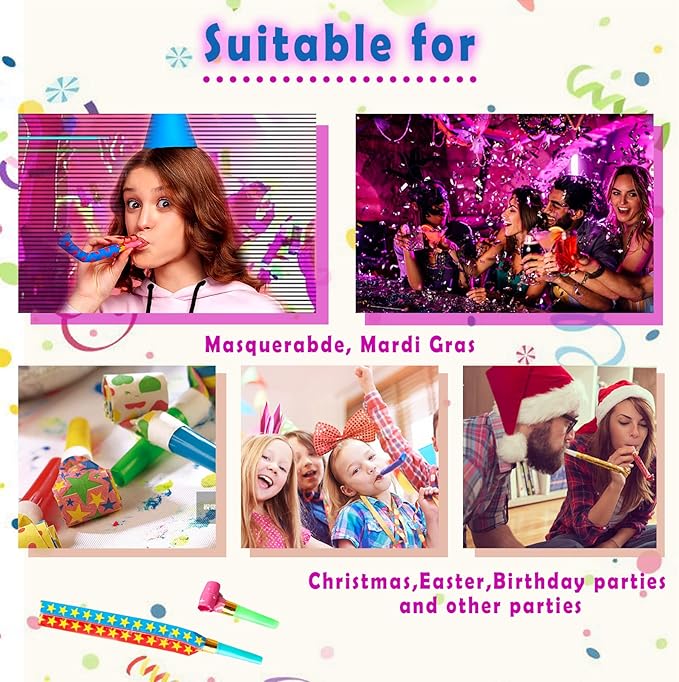 100PCS Multicolor Party Blowers & Whistles - 100 Count, Funny Noise Makers for Kids & Adults, Reusable Paper Blowers, Perfect for Birthdays, Weddings & More