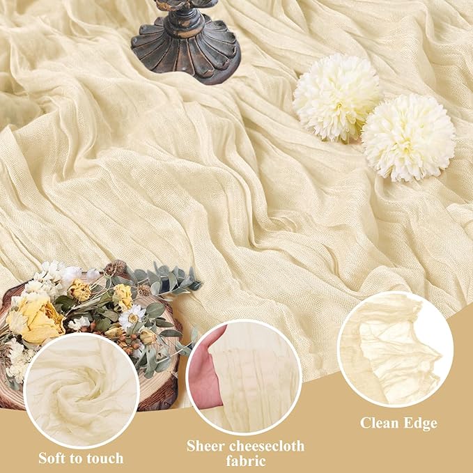 Asee'm 3pcs Cheesecloth Table Runner 120 Inches Long Beige Boho Gauze Cheese Cloth Runner 10FT Rustic Sheer Table Runners for Christmas Wedding Party Baby Shower Spring Easter Decoration