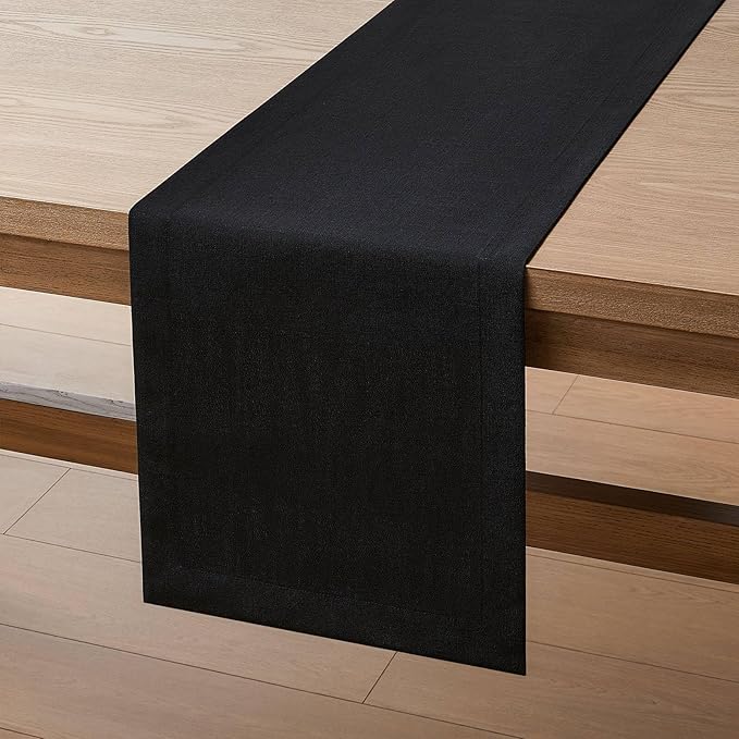 ZeeMart Linen Textured Border Table Runner, 14 x 48 Inch Black, Farmhouse Style Black Table Runners 48 Inches Long, Easy Care Everyday Polyester Table Runner